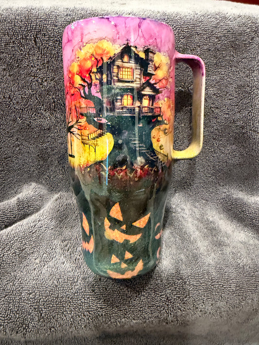 24 oz Hand painted Halloween w/handle (pumpkins glow)